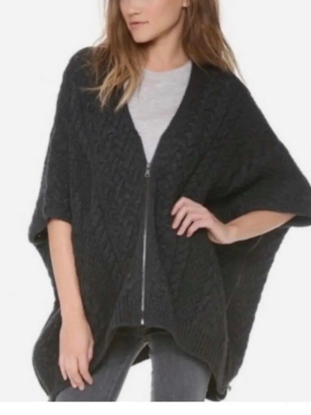 VINCE Cable-Knit Zip-Up Poncho Cape Sweater Side-Zipper Cotton Wool Cashmere